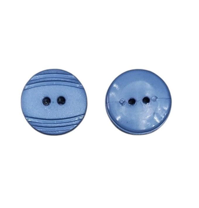 Front and back view of an 18mm blue 2-hole button with a horizontal textured line pattern.