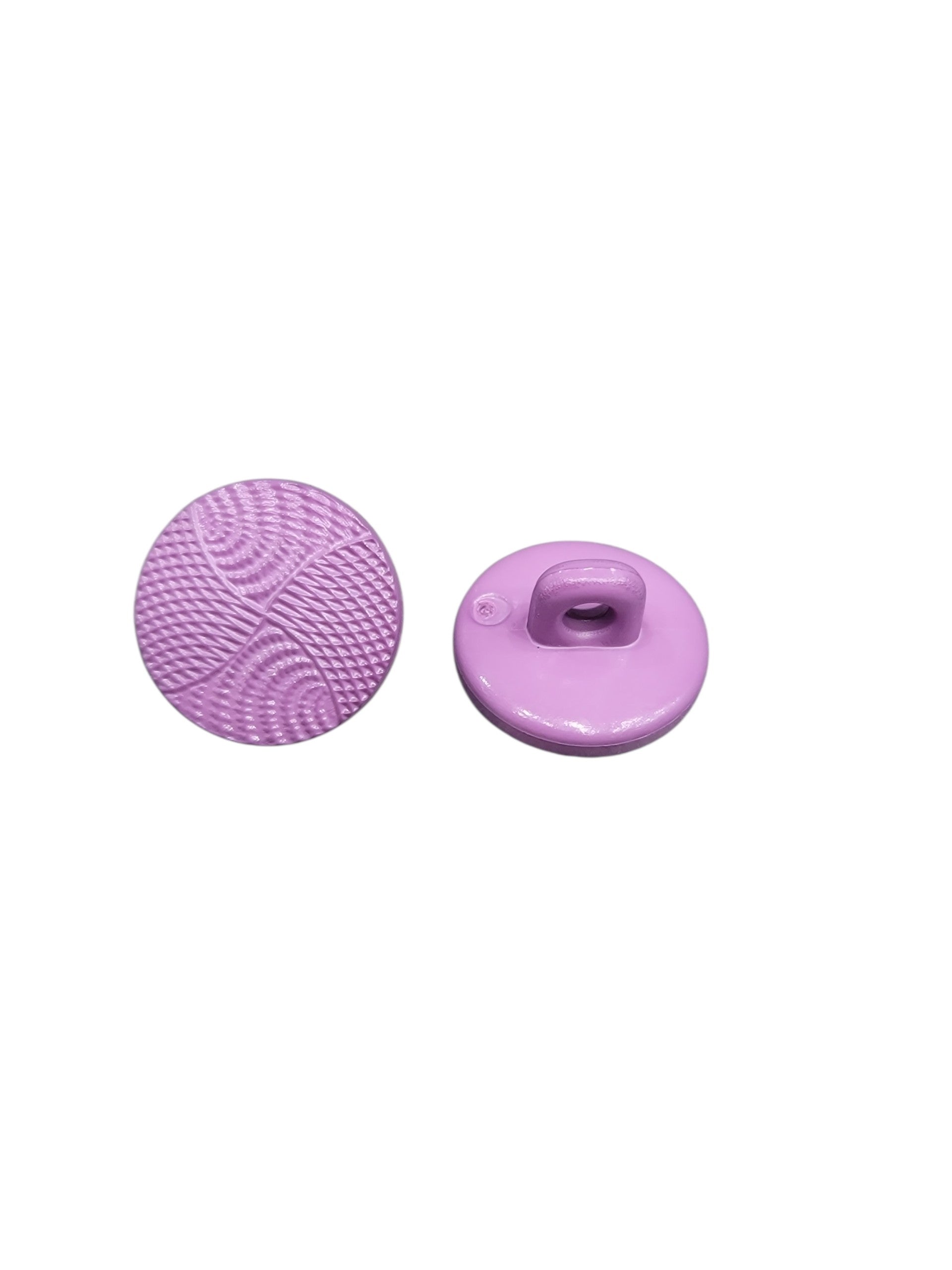 Front and back view of a 14mm lavender polyester shank button with a textured wave design.