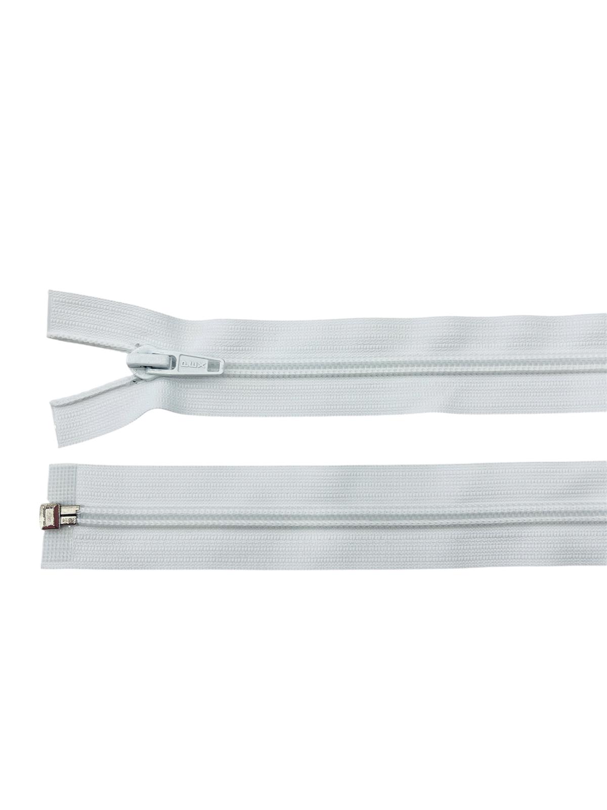PEX Size 9 white plastic separating zipper with chunky teeth and a metal slider on a white tape.