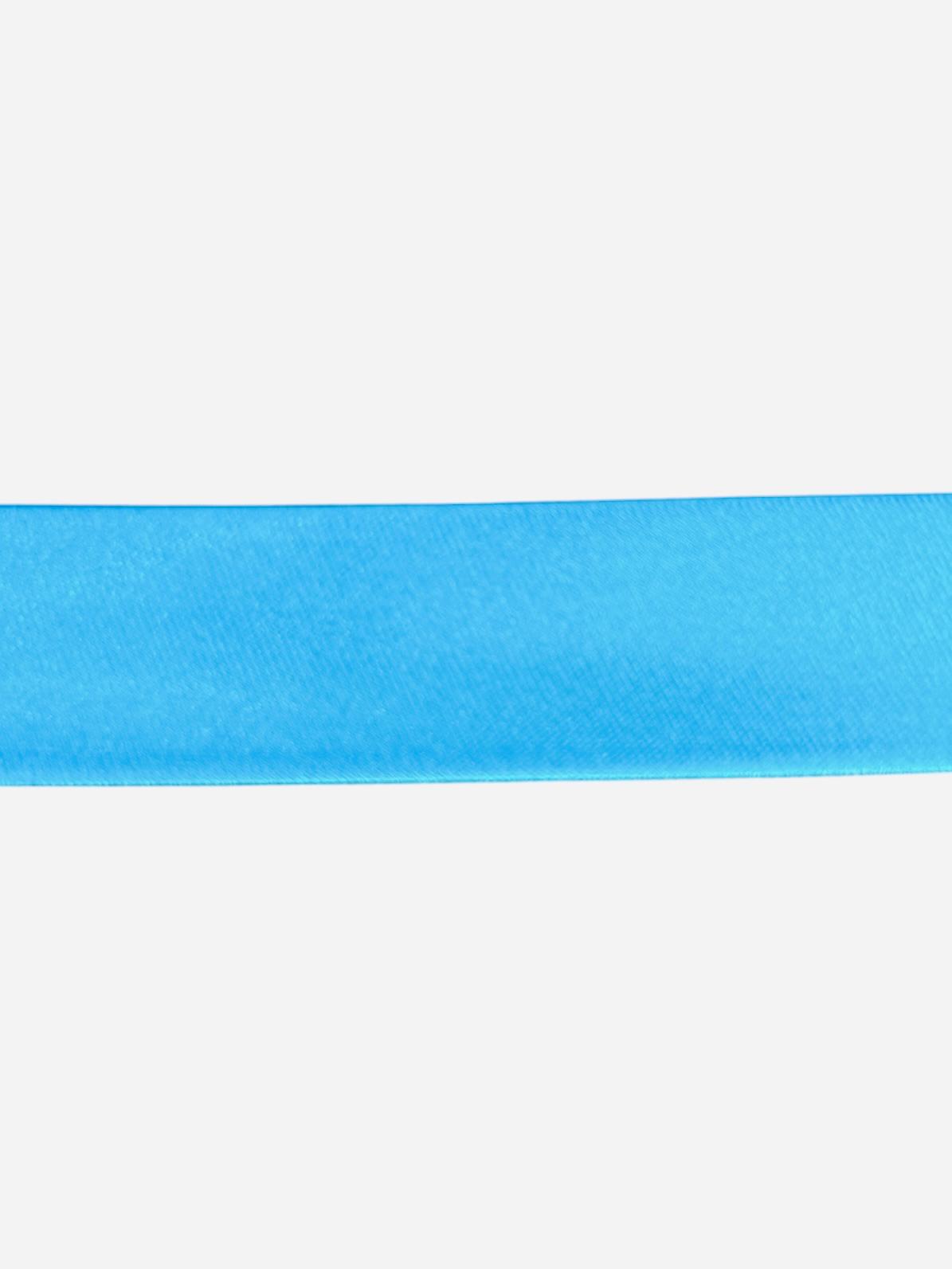 A close-up of a smooth, light blue satin bias binding tape against a white background.