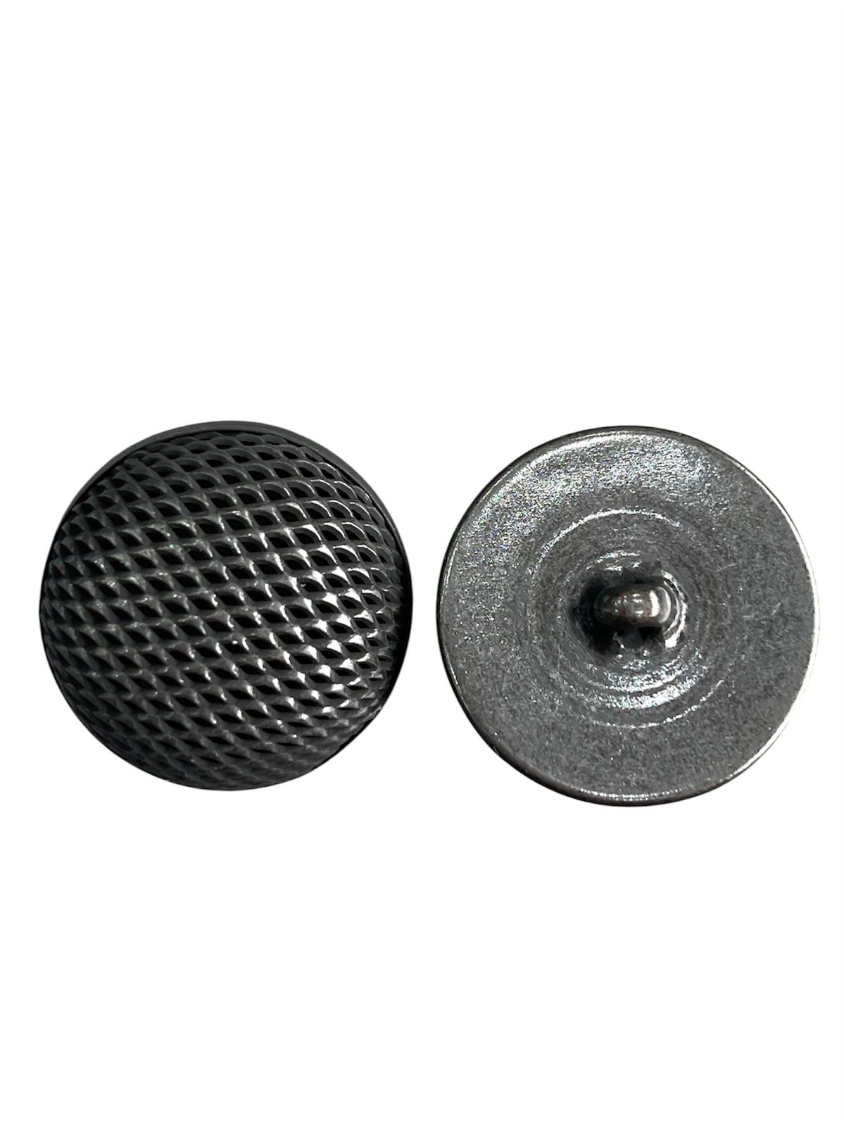 Front and back view of a round metal dome shank button with a textured diamond pattern.