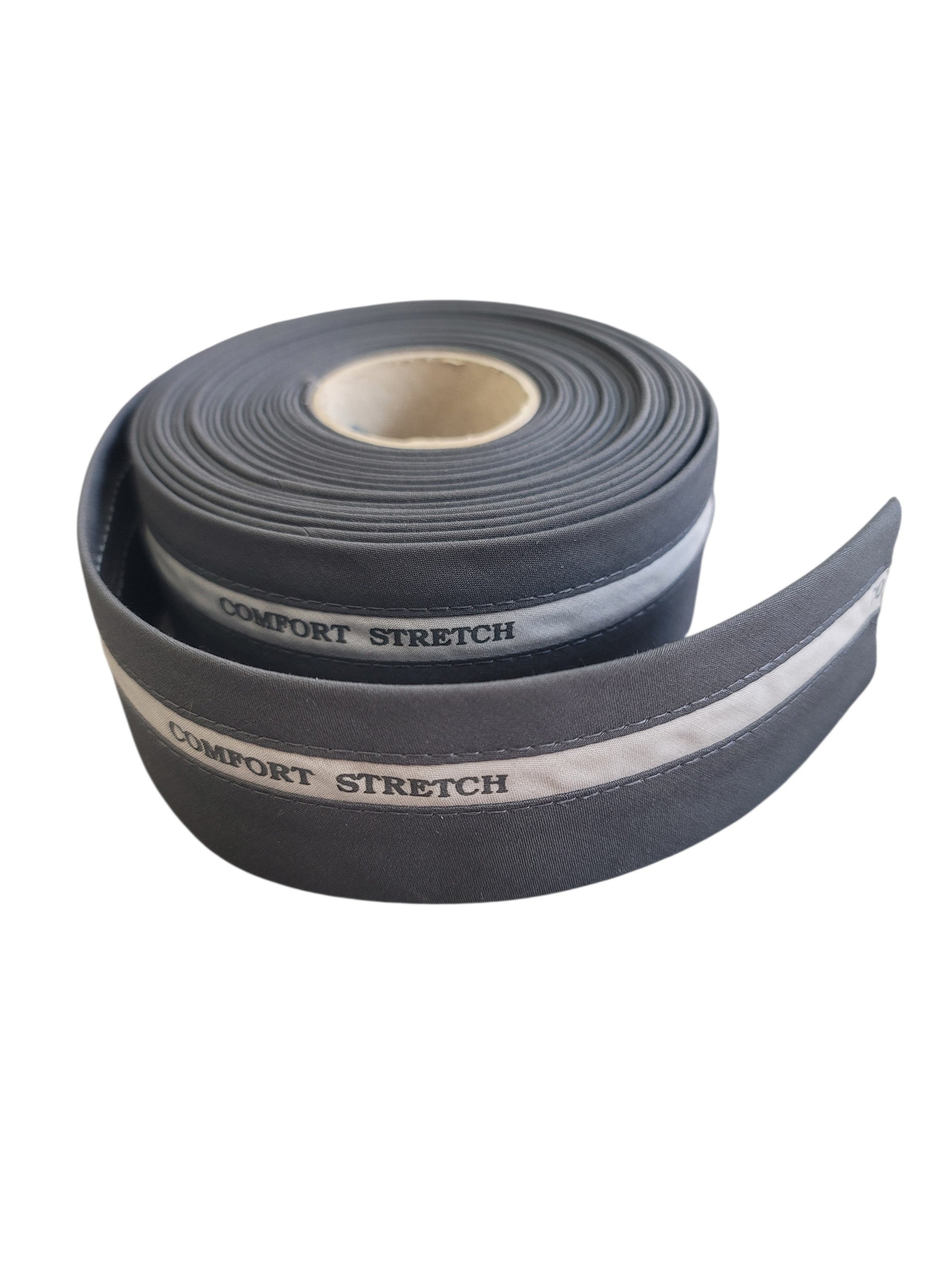 Roll of 5cm wide grey comfort stretch waistband elastic with white stripe and text.