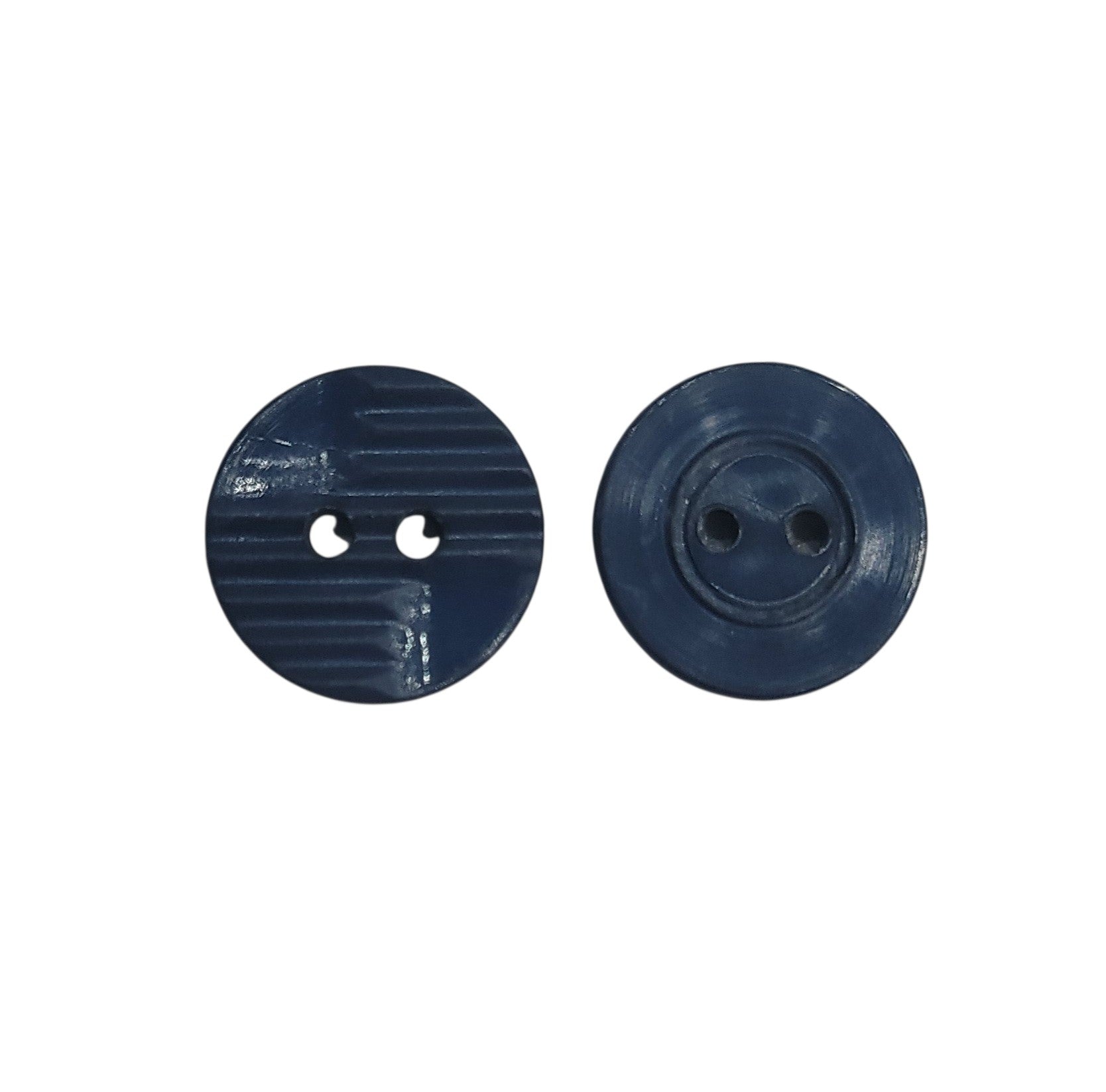 Front and back view of a 14mm vintage navy blue 2-hole button with a horizontal stripy design.