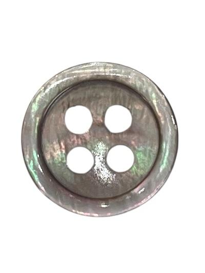 Dark smoke polyester 4-hole round rim button with an iridescent finish.