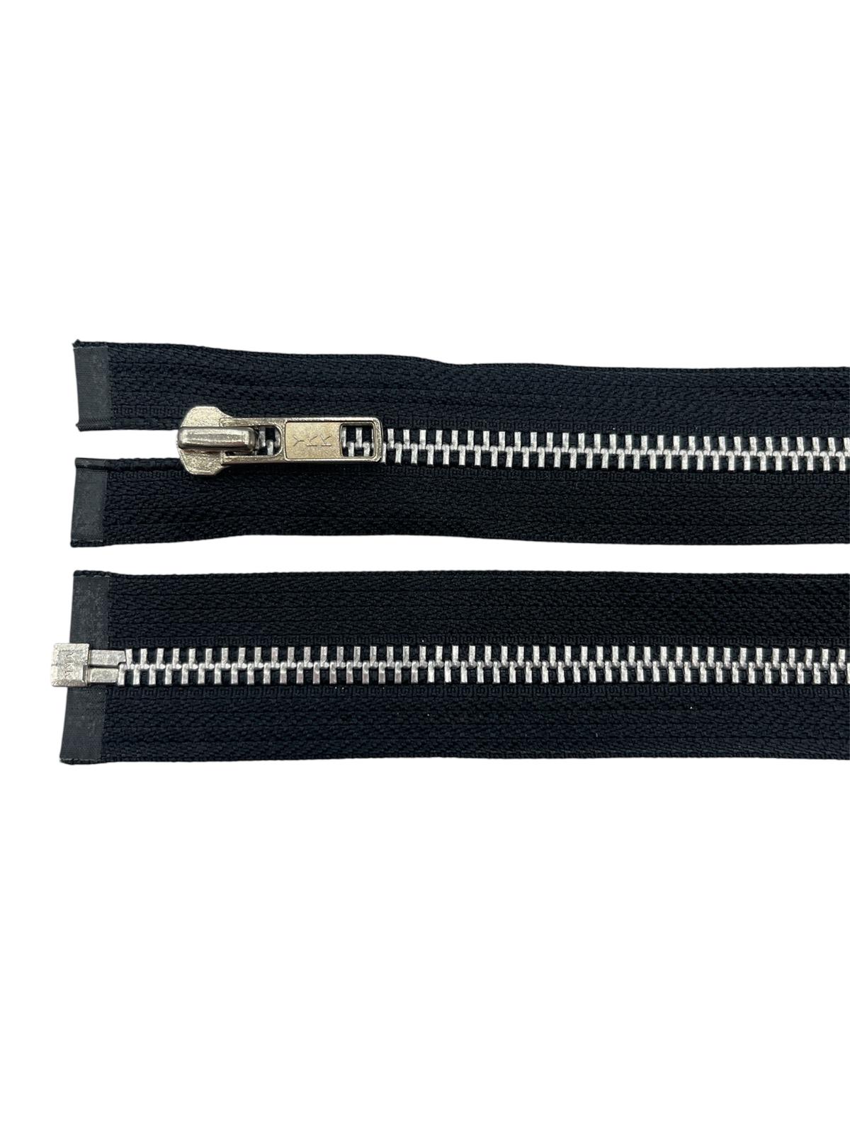 YKK size 5 silver metal open-end zipper with black tape shown in two sections.