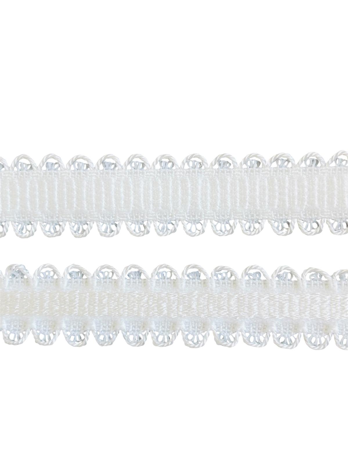 Two strips of white satin elastic with delicate looped edges, shown in 13mm and 18mm widths.