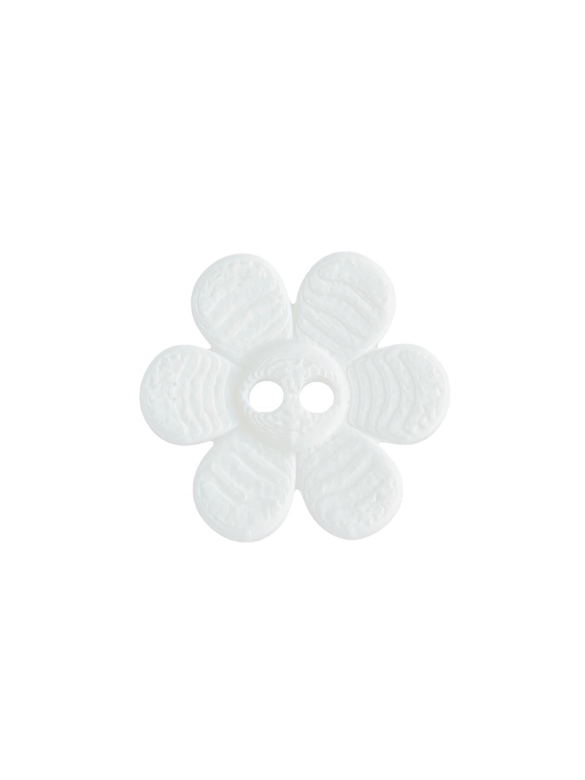 A white flower-shaped 25mm polyester button with two holes for sewing and crafts.