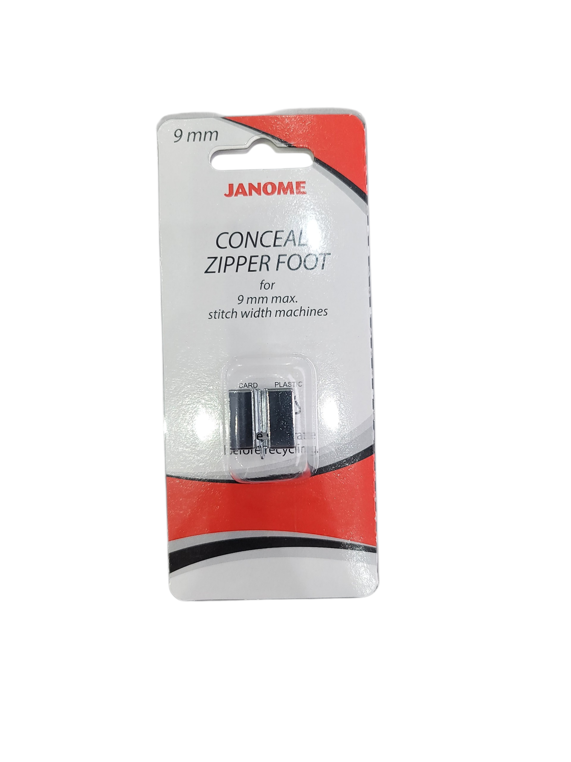 Janome concealed zipper foot for 9mm stitch width sewing machines in its original packaging.