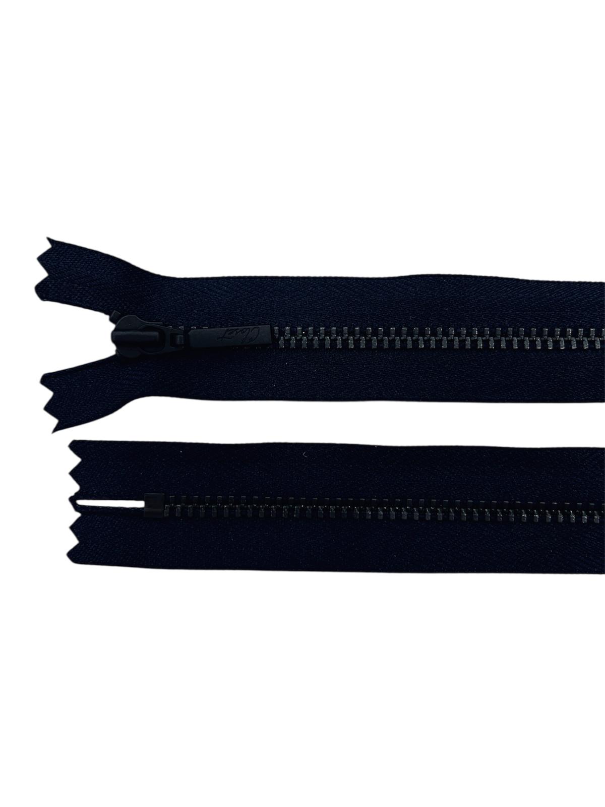Black YKK metal zipper with a closed end.