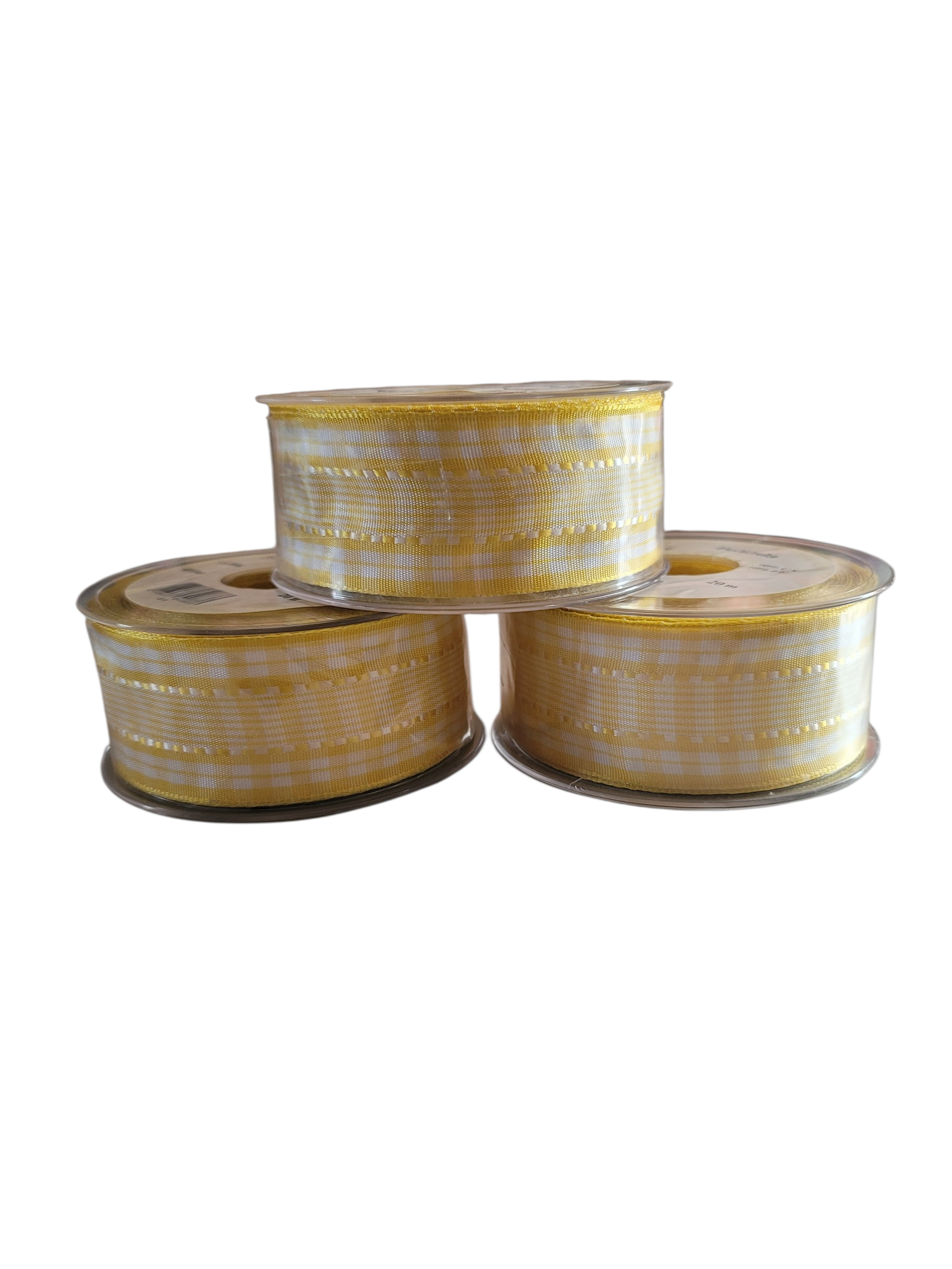 Three rolls of 40mm wide yellow and white checkered chiffon ribbon stacked on a white background.