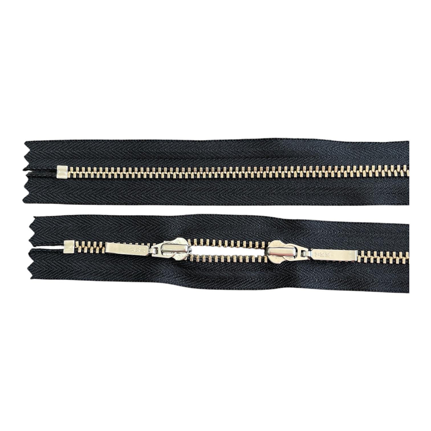 YKK 2-way silver metal size 3 zipper with twin sliders on black tape for handbags, 69cm length.