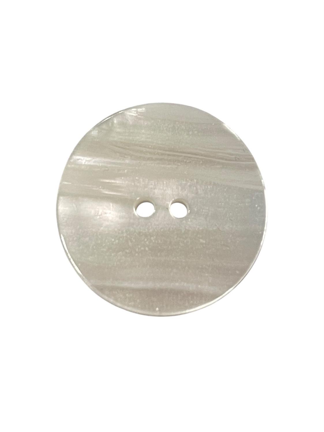 Iridescent ivory 2-hole sewing button with a shell-like texture and circular shape.
