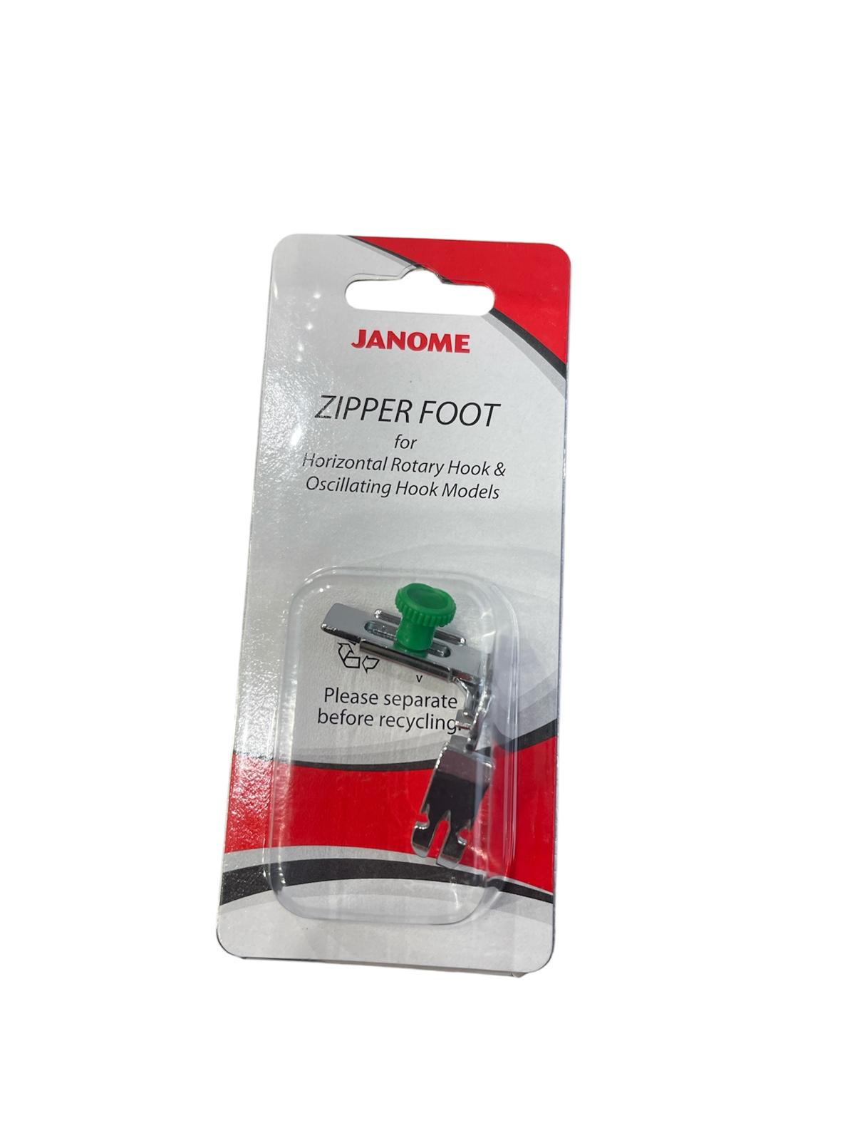 Janome adjustable zipper and piping foot in its original red and white retail packaging.