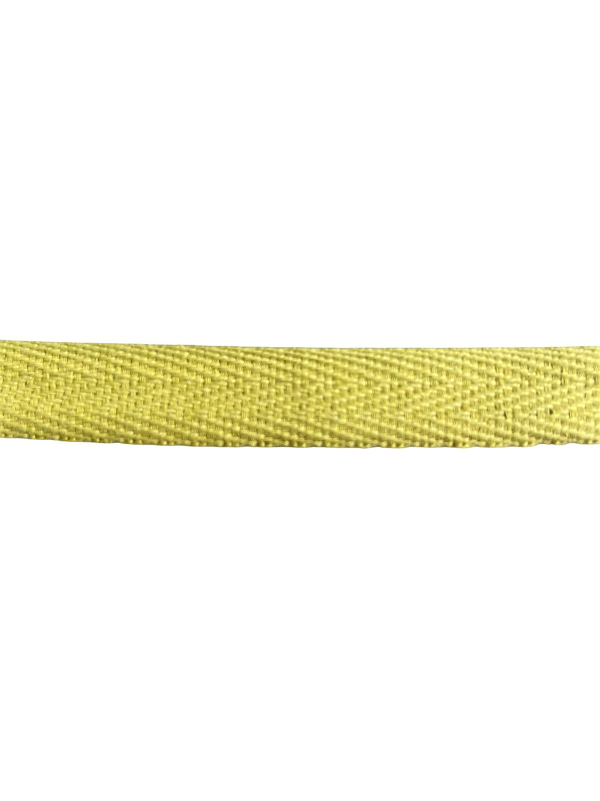 A close-up of 15mm yellow cotton herringbone twill tape for sewing and crafts.