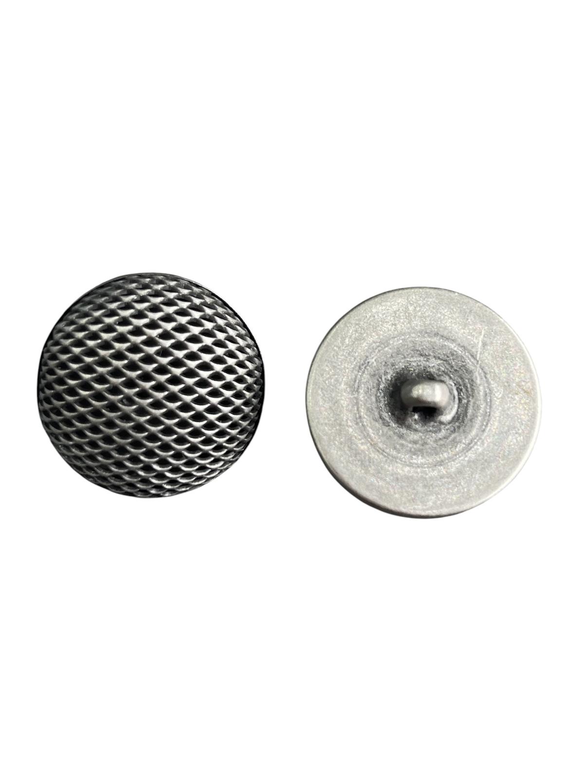 Front and back view of a round metal dome shank button with a textured mesh pattern.