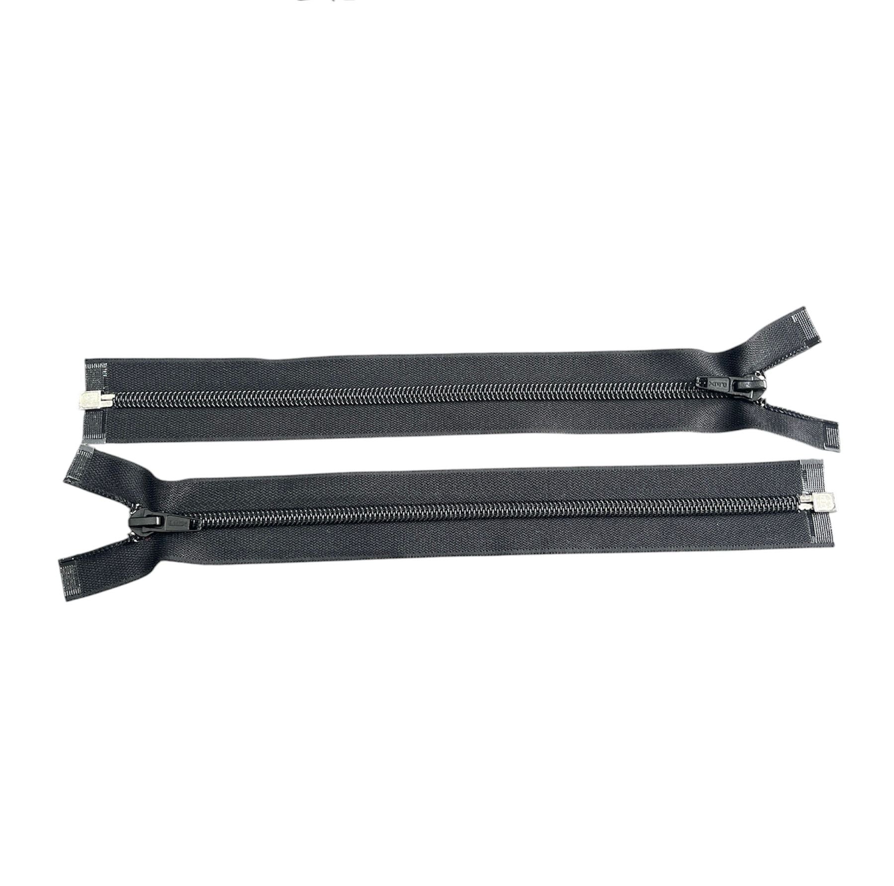 Two black PEX size 7 plastic open-end zippers shown against a white background.