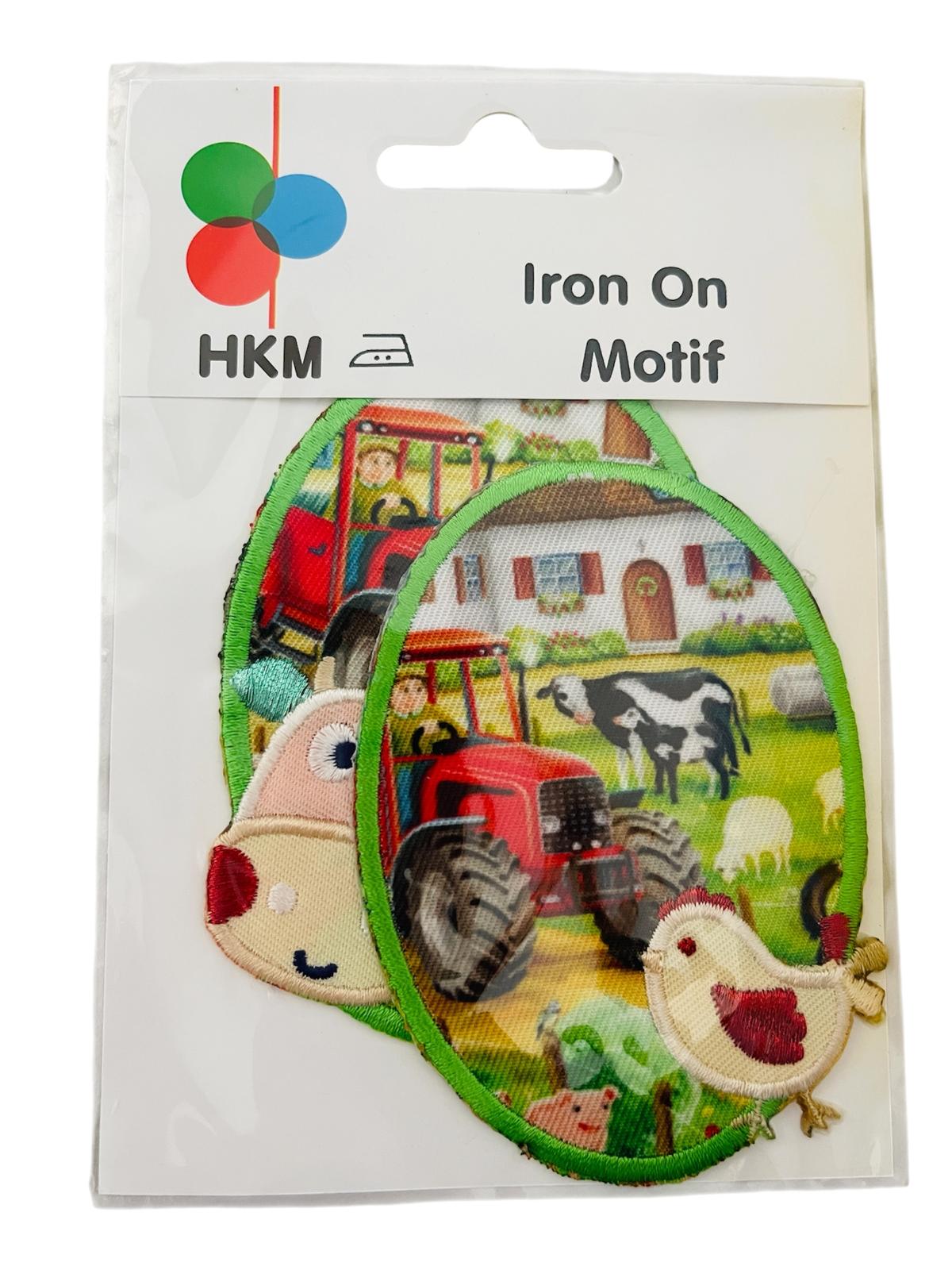 HKM 2-piece farm animal iron-on patch set featuring a tractor, cow, and chicken on a farm scene.