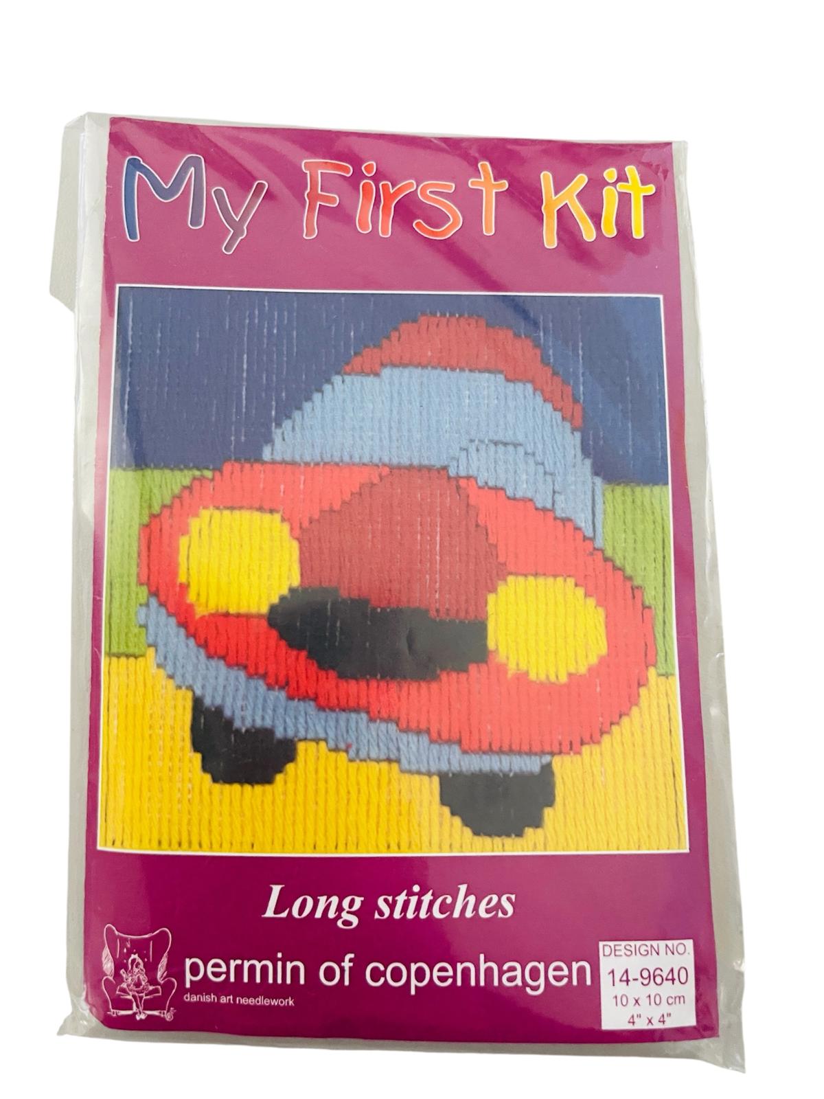 My First Long Stitch Craft Kit for beginners featuring a colorful red car design.