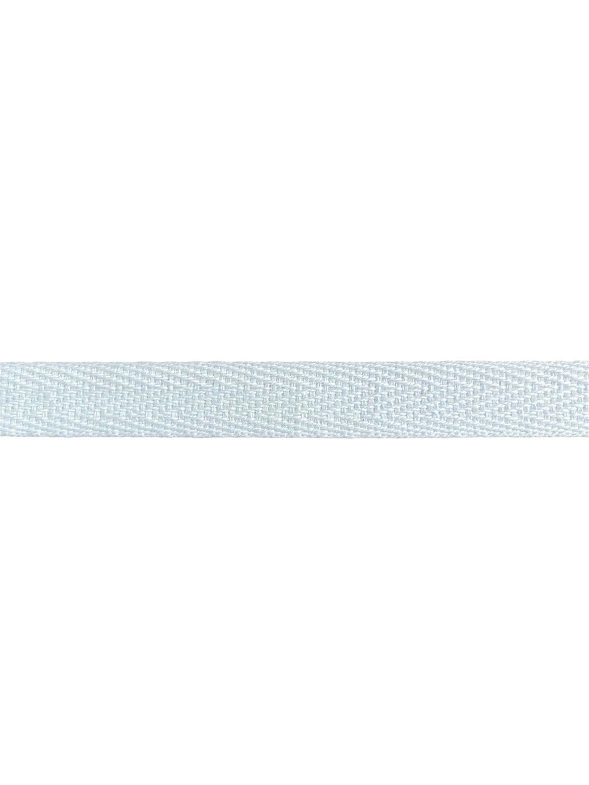 A close-up of 15mm white cotton herringbone twill tape for sewing and crafts.