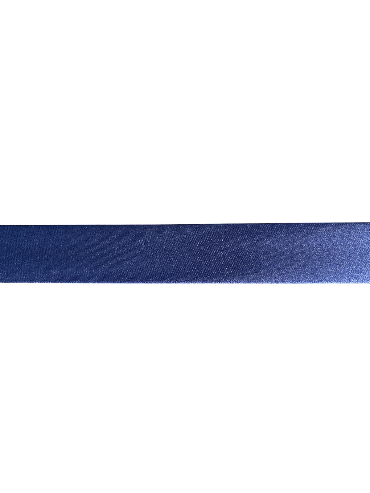 A single strip of navy blue satin bias binding tape shown against a white background.