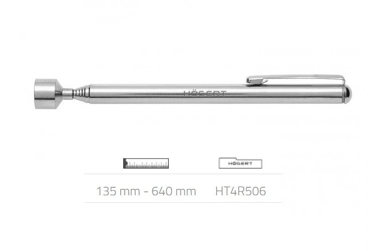 Magnetic extendable telescopic pen style pick up tool with a silver steel finish and pocket clip.