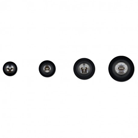 Four black round buttons with iridescent shell centers and two holes, shown in four different sizes.