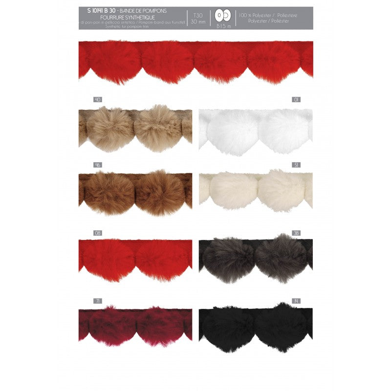 Stephanoise synthetic fur pompom trim in various colors for craft fringe projects.