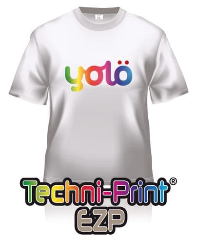 White t-shirt with colorful "yolo" logo and "Techni-Print EZP" text.