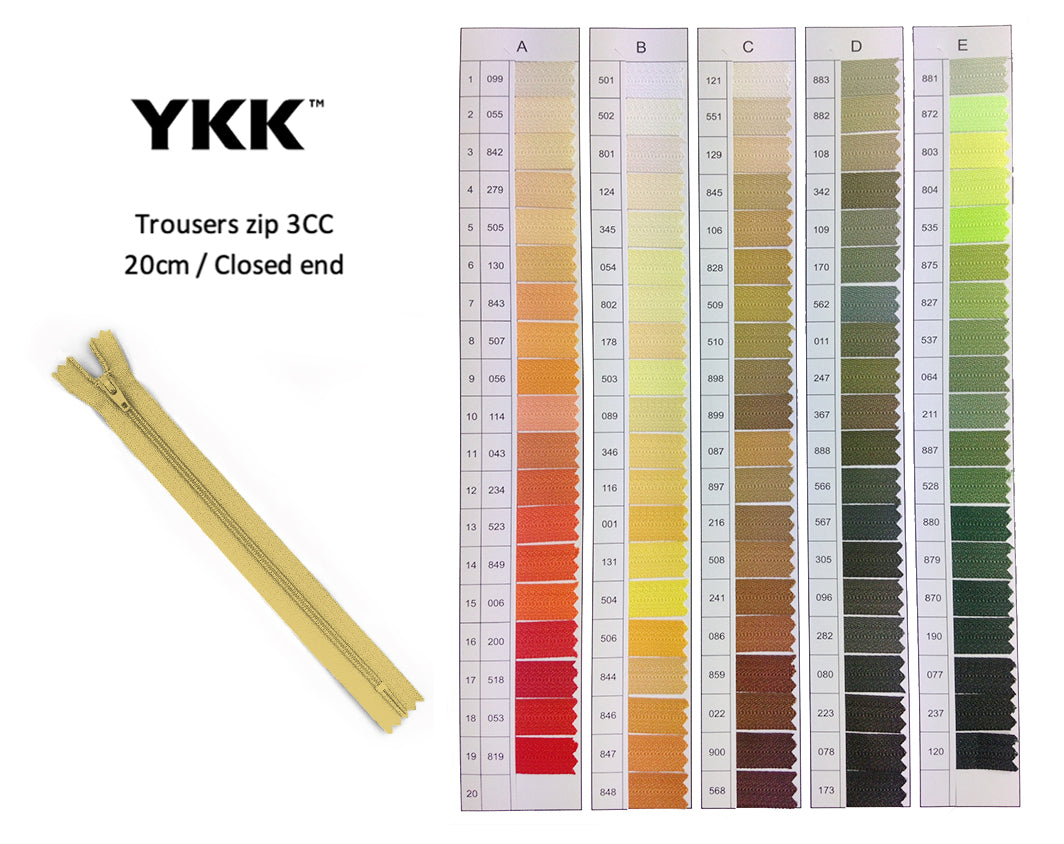 YKK Closed Ended Standard Coil 20cm Zip - SHADE CARD A - E