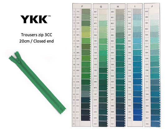 YKK Closed Ended Standard Coil 20cm Zip - SHADE CARD F to J