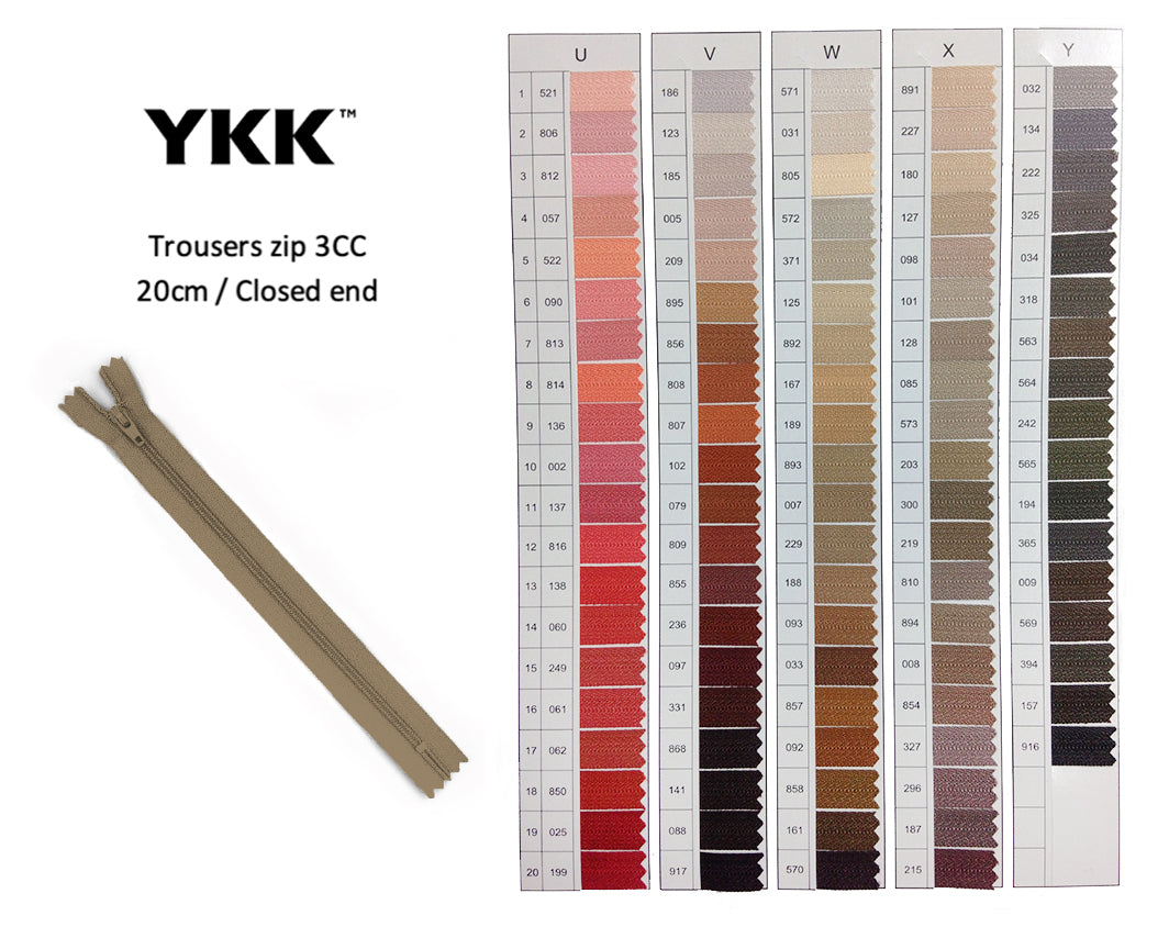 YKK Closed Ended Standard Coil 20cm Zip - SHADE CARD U to Y