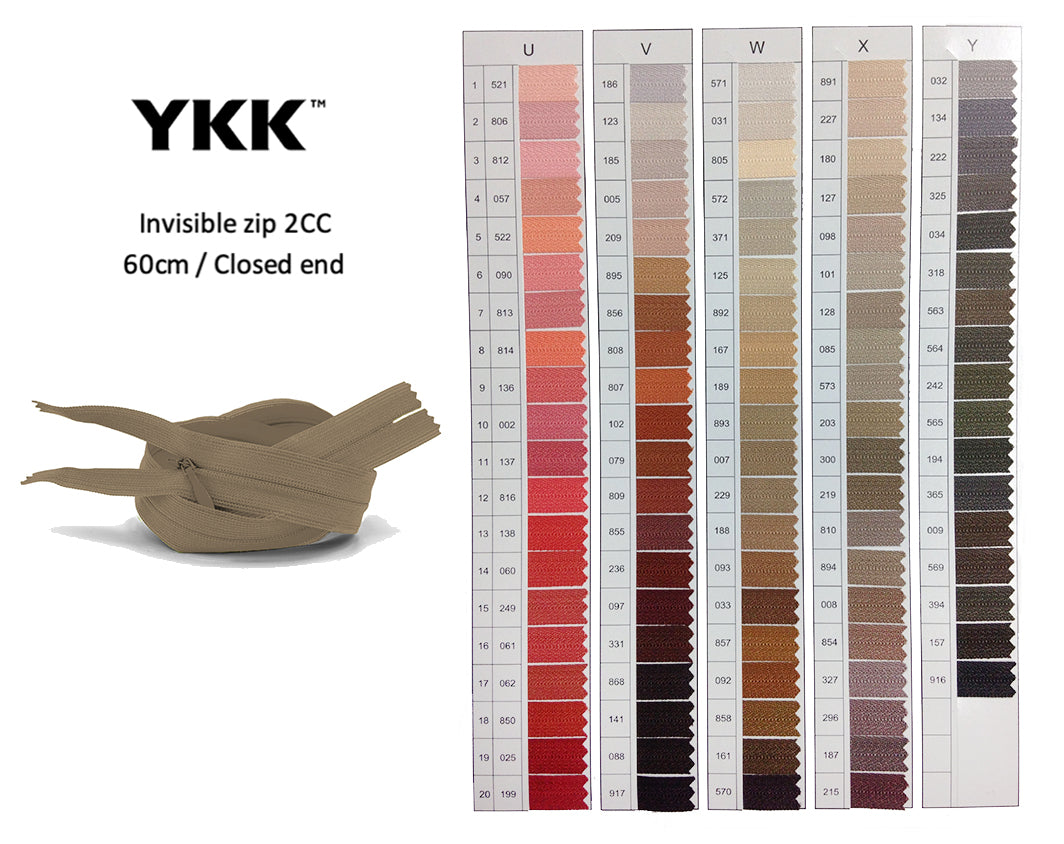 YKK Closed Ended Invisible 60cm Zip - SHADE CARD U to Y